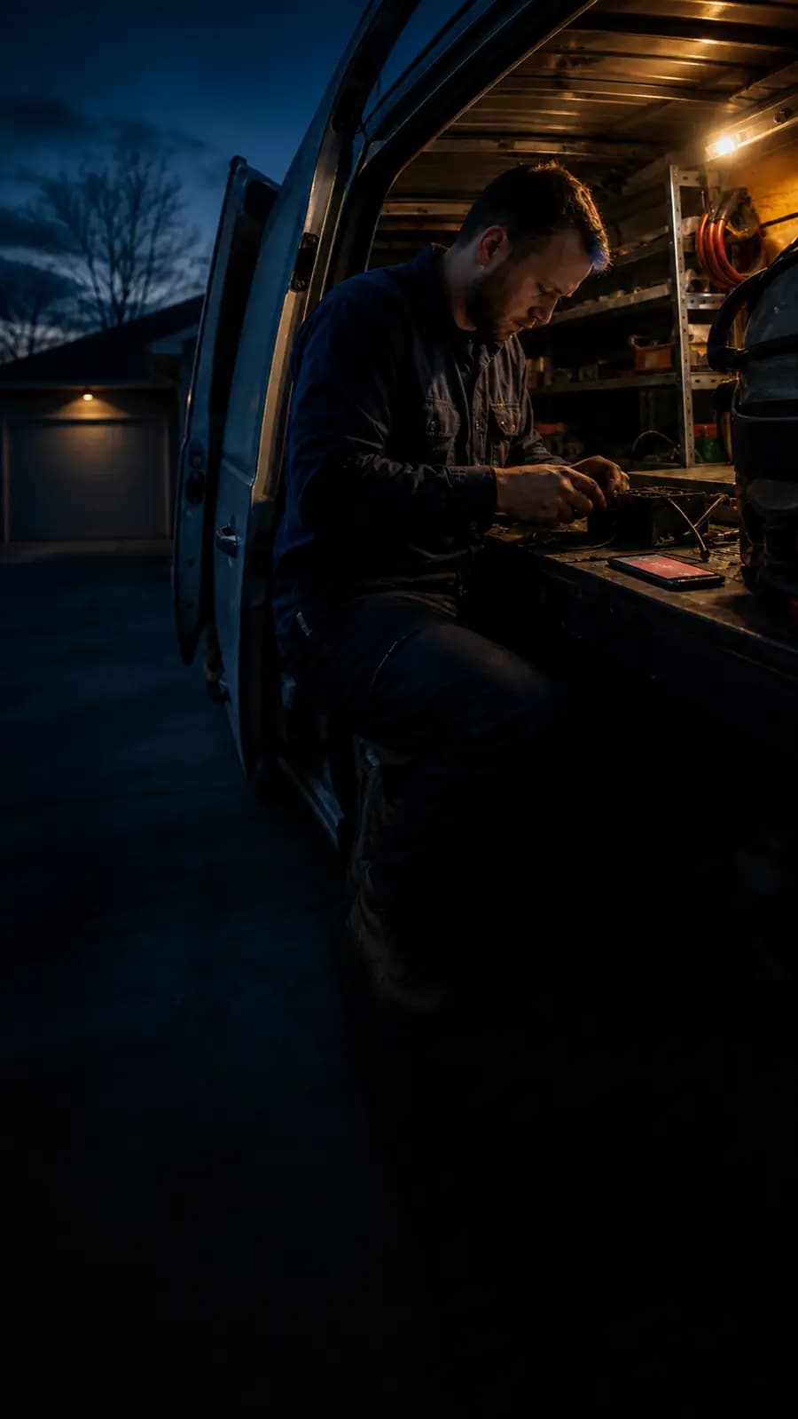 A service technician centered in his open van after hours while a phone waits beside him