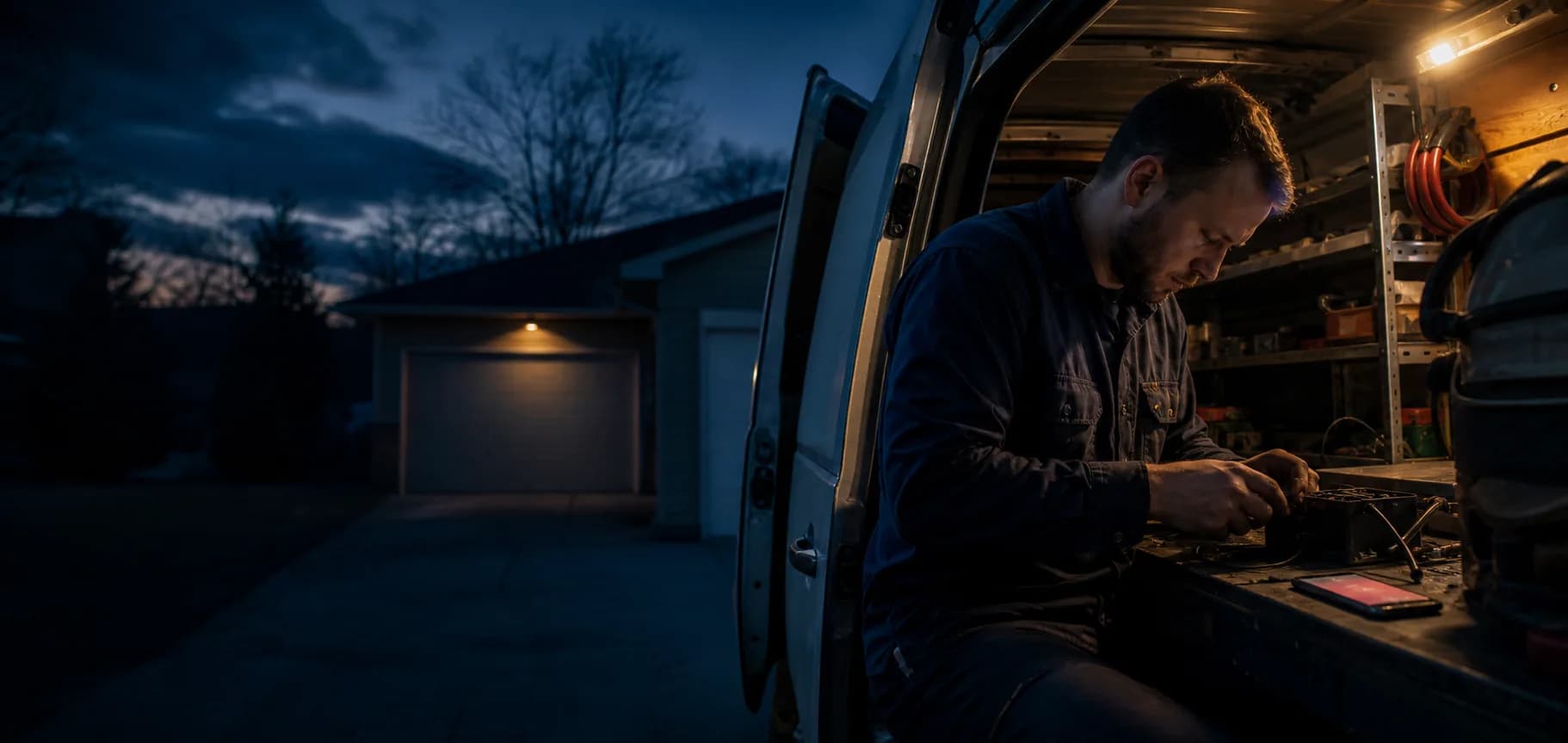A service technician working beside his van after hours while a phone waits nearby