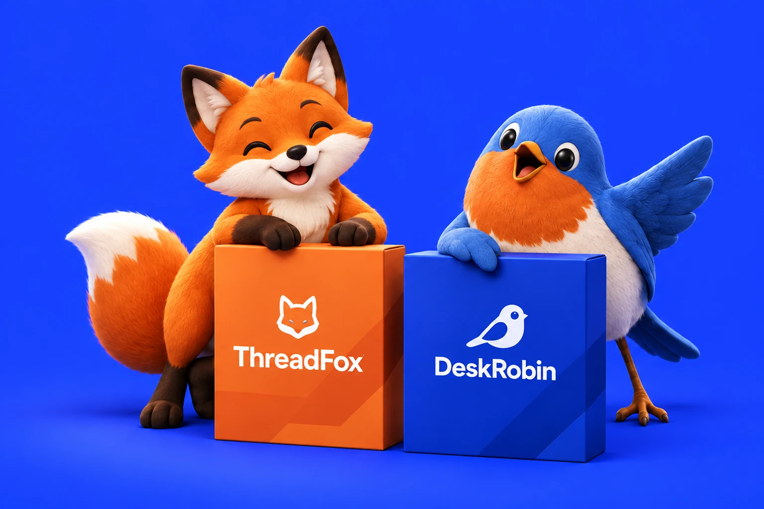 A cheerful fox and robin with the ThreadFox and DeskRobin packs
