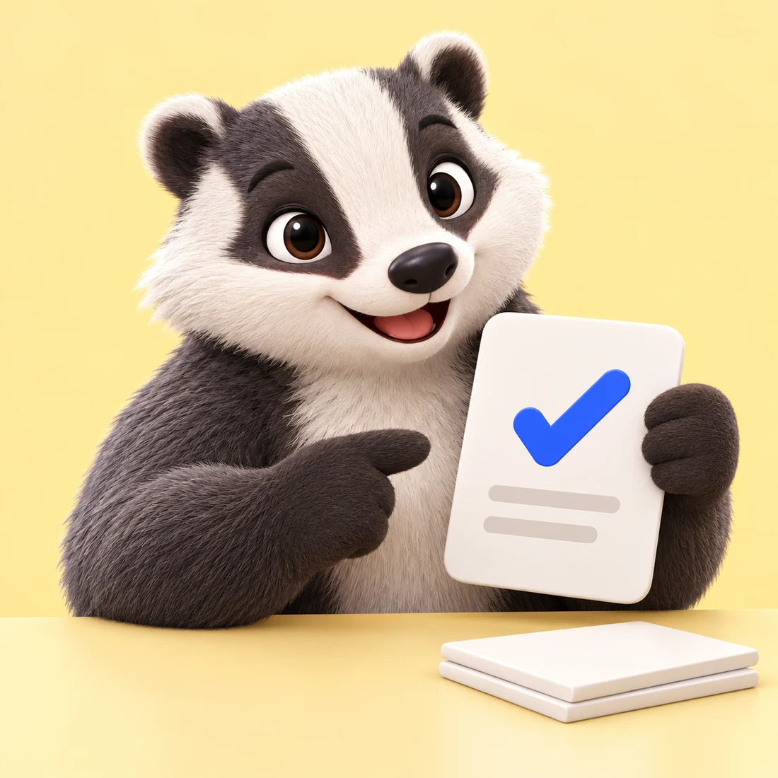 ProofBadger, a friendly striped badger holding a checked case-study card